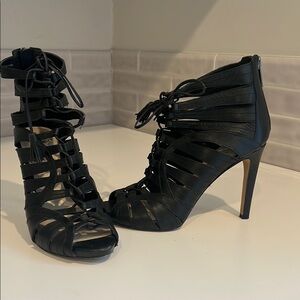 Vince Camuto Black High-Heeled Sandal Booties with Cage Design